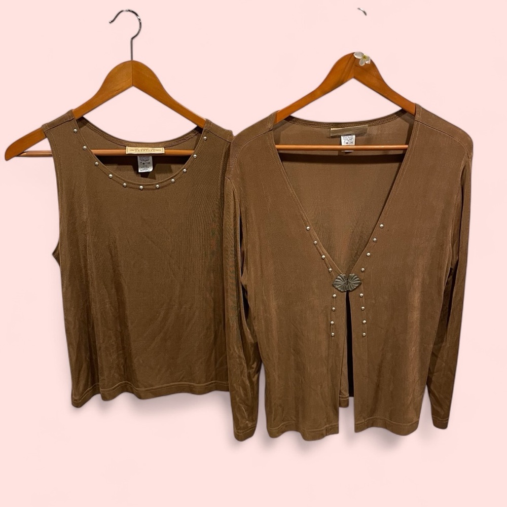 Cute Y2K slinky jersey tan camel boho western top set cowgirl giddy-up bling